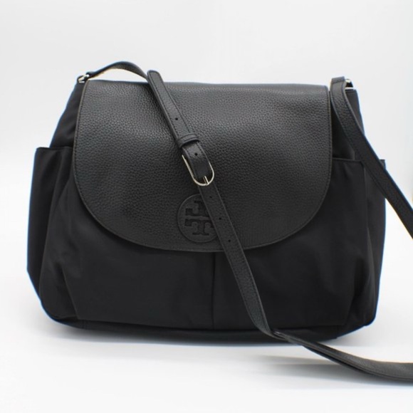 TORY BURCH Thea Black Nylon Pebble Leather Bag - Picture 2 of 13